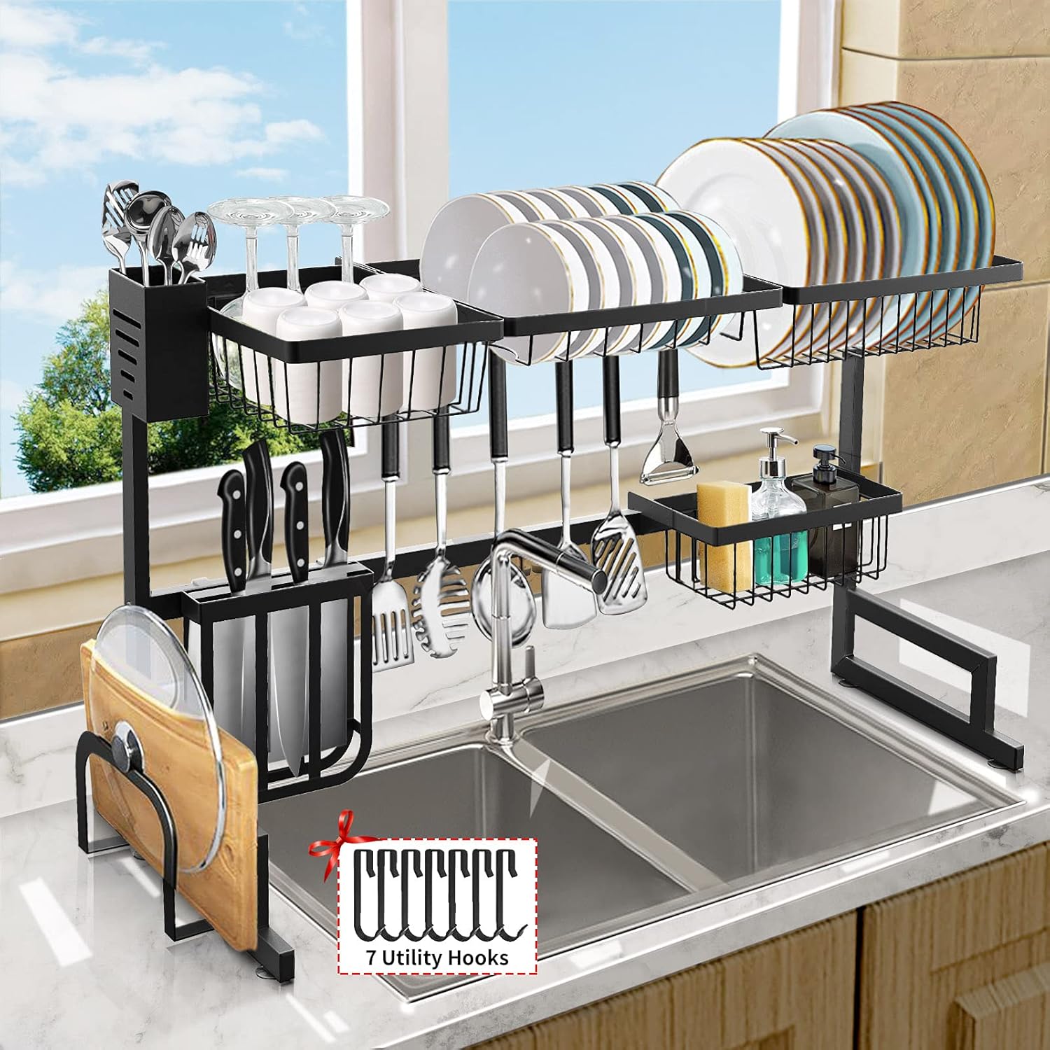 Over The Sink Dish Drying Rack, Length (33.4-41.3'') Adjustable Large 2 Tier Stainless Steel Dish Dryer Rack for Kitchen Organizer Storage Space Saver Shelf Utensils Holder Drainer