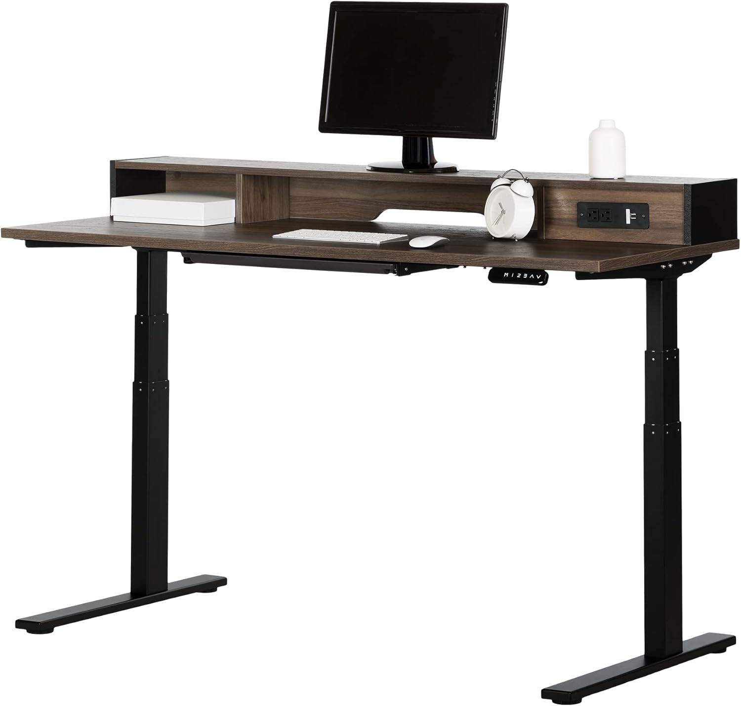 South Shore Majyta Adjustable Height Standing Desk with Built in Power Bar Natural Walnut, Matte Black, Contemporary