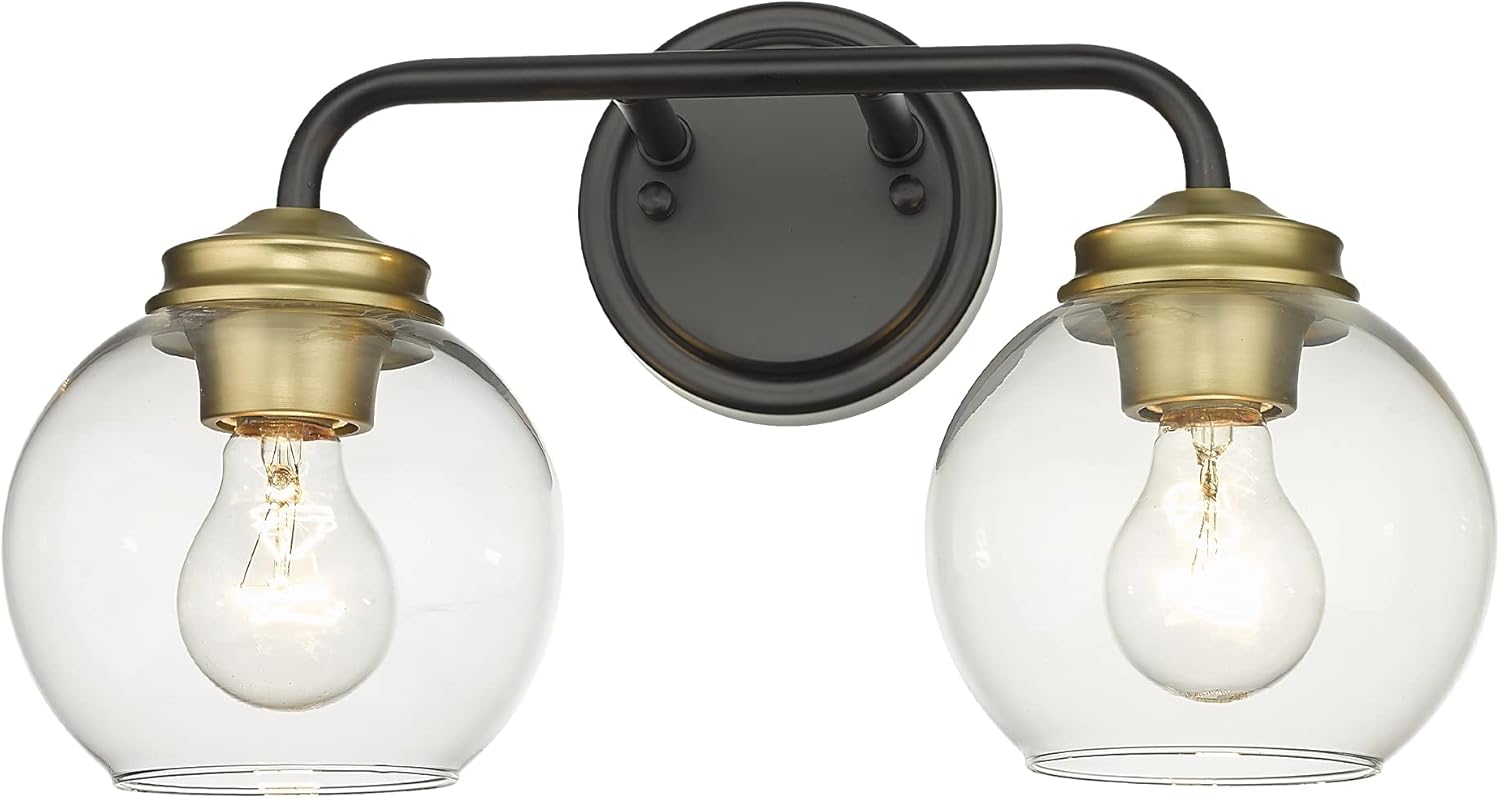 TOUNISAR Industrial Bathroom Vanity Lights - 2-Light Bathroom Wall Light Fixture with Clear Glass Shade, Vanity Lights in Matte Black and Antique Brushed Brass Finish for Bathroom, V9023-2 BK+BR