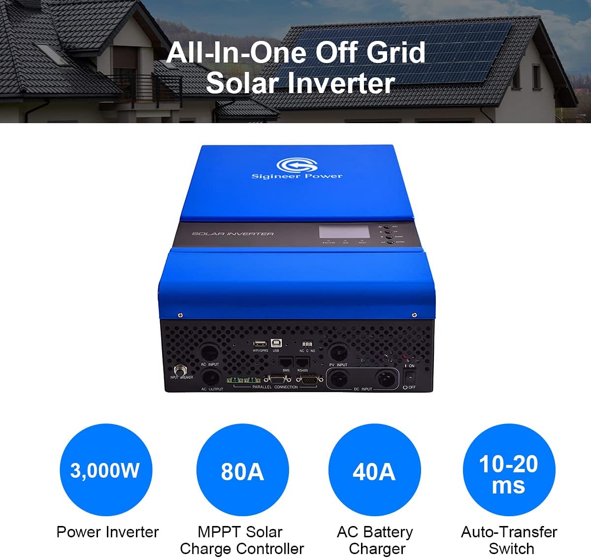 Sigineer Power 3000W Solar Inverter,Built-in 80A MPPT Solar Charge Controller,48V DC to 120V AC Pure Sine Wave Inverter,for 48 Volt Off-Grid Solar System,Parallel and Stackable