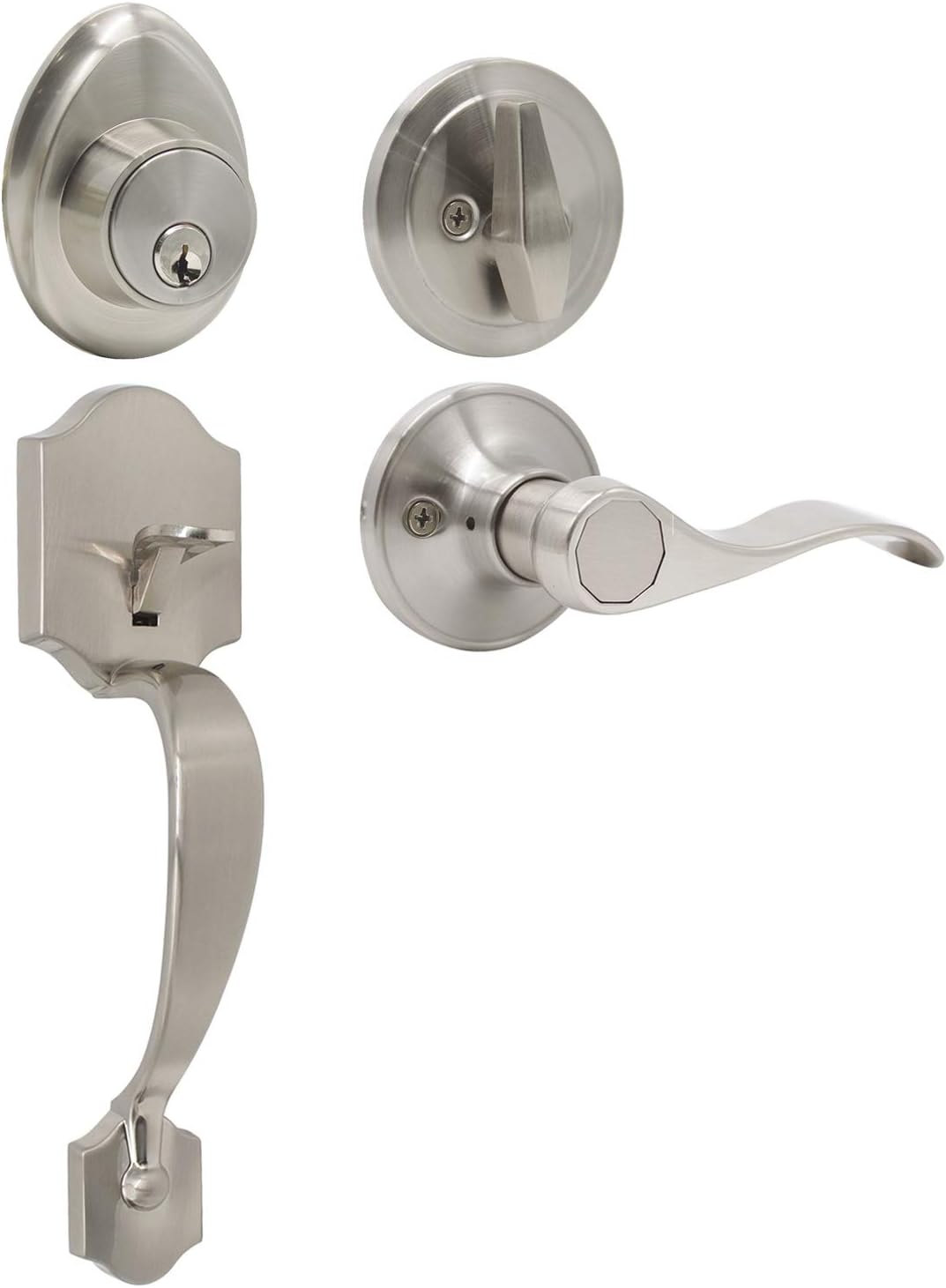Probrico Single Cylinder Handleset leverset Lockset Adjustable Backset with Keyed Deadbolt Door Locks Satin Nickel, Exterior Entry Door Locks Hardware, Single Cylinder Deadbolt Handle Set Satin Nickel