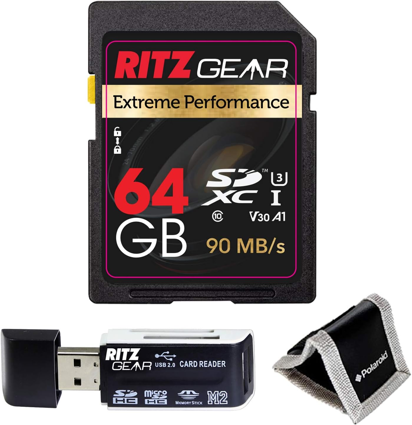 Extreme Performance Combo Set of High Speed UHS-I SDXC 128GB SD Card 90/60 MB/S U3 A1 Class-10 V30 Memory + 64GB Memory Card+ Ritz Gear Card Reader Pack of 2