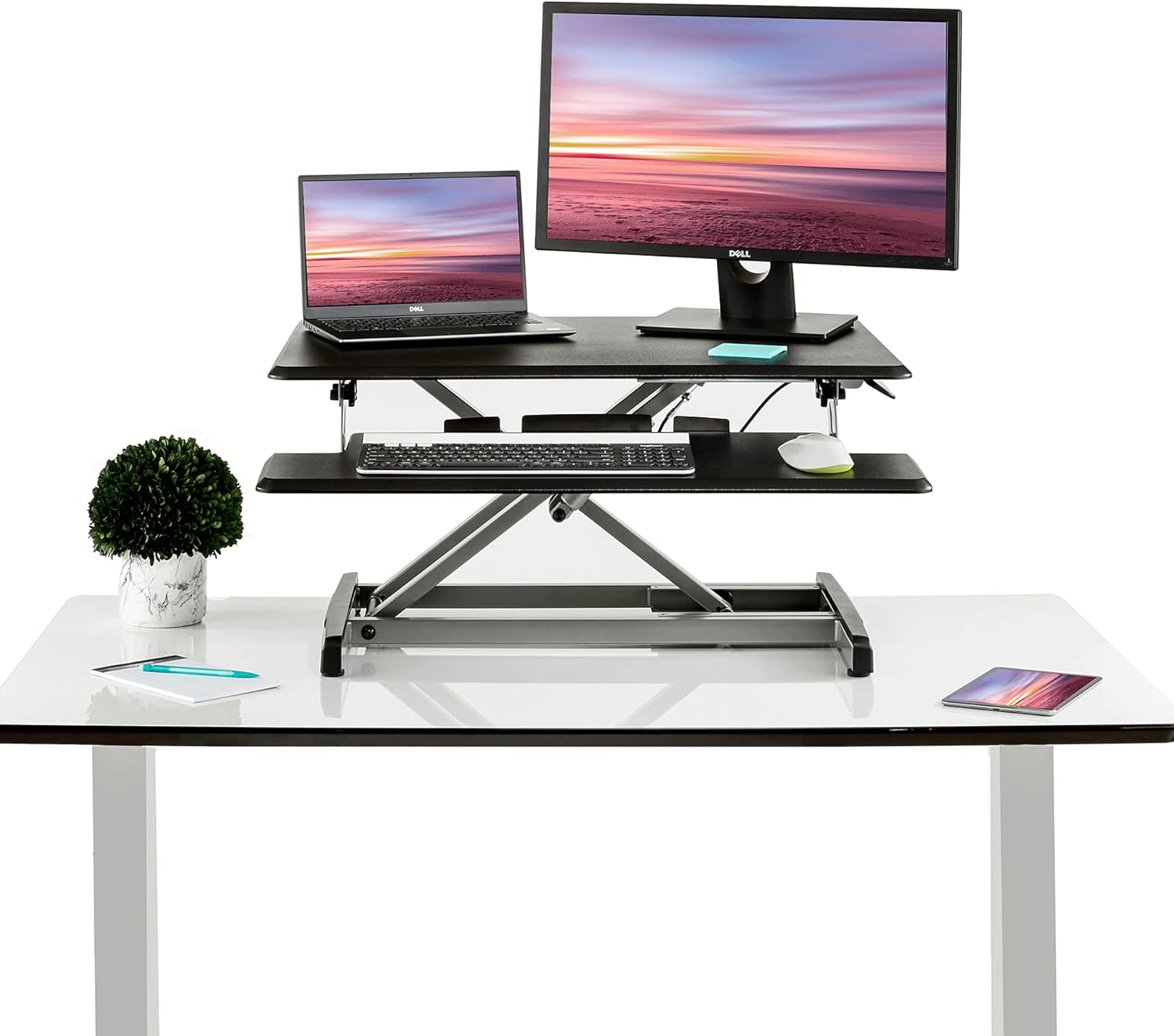 Seville Classics Airlift Height Adjustable Sit Desk Converter Workstation Standing Ergonomic Dual Monitor Riser with Keyboard Tray, Compact 30