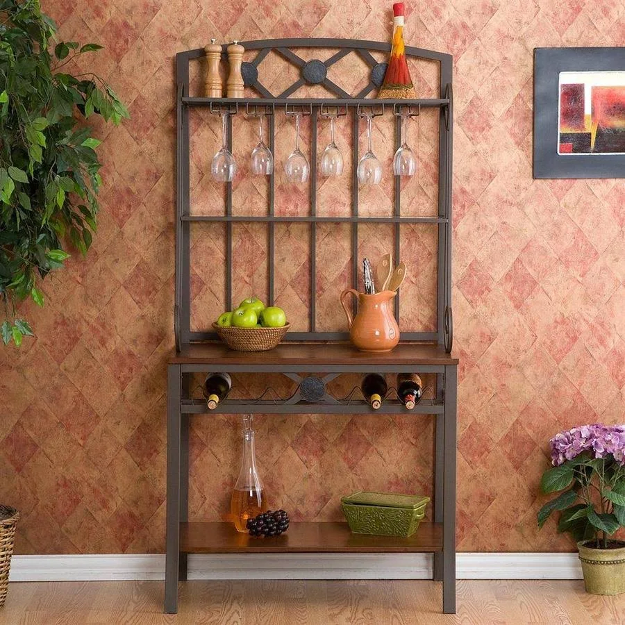 Boston Loft Furnishings Coffee Brown Metal Bakers Rack with Wine Storage | ATG2891
