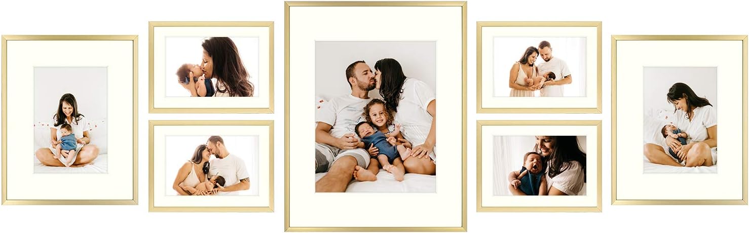 Golden State Art, Set of 7, Metal Wall Photo Frame Collection, Aluminum Photo Frame with Ivory Color Mat & Real Glass (Black) Pack of 2