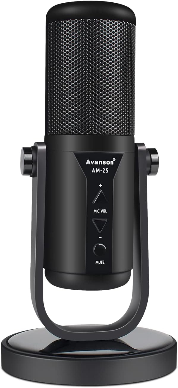 Avanson USB Condenser Microphone, Metal Build Desktop PC Recording Mic with Weighted Stand for Voice Overs Home Recording Podcasts Online Class Zoom YouTube Twitch Streaming, AM-25A Pack of 2