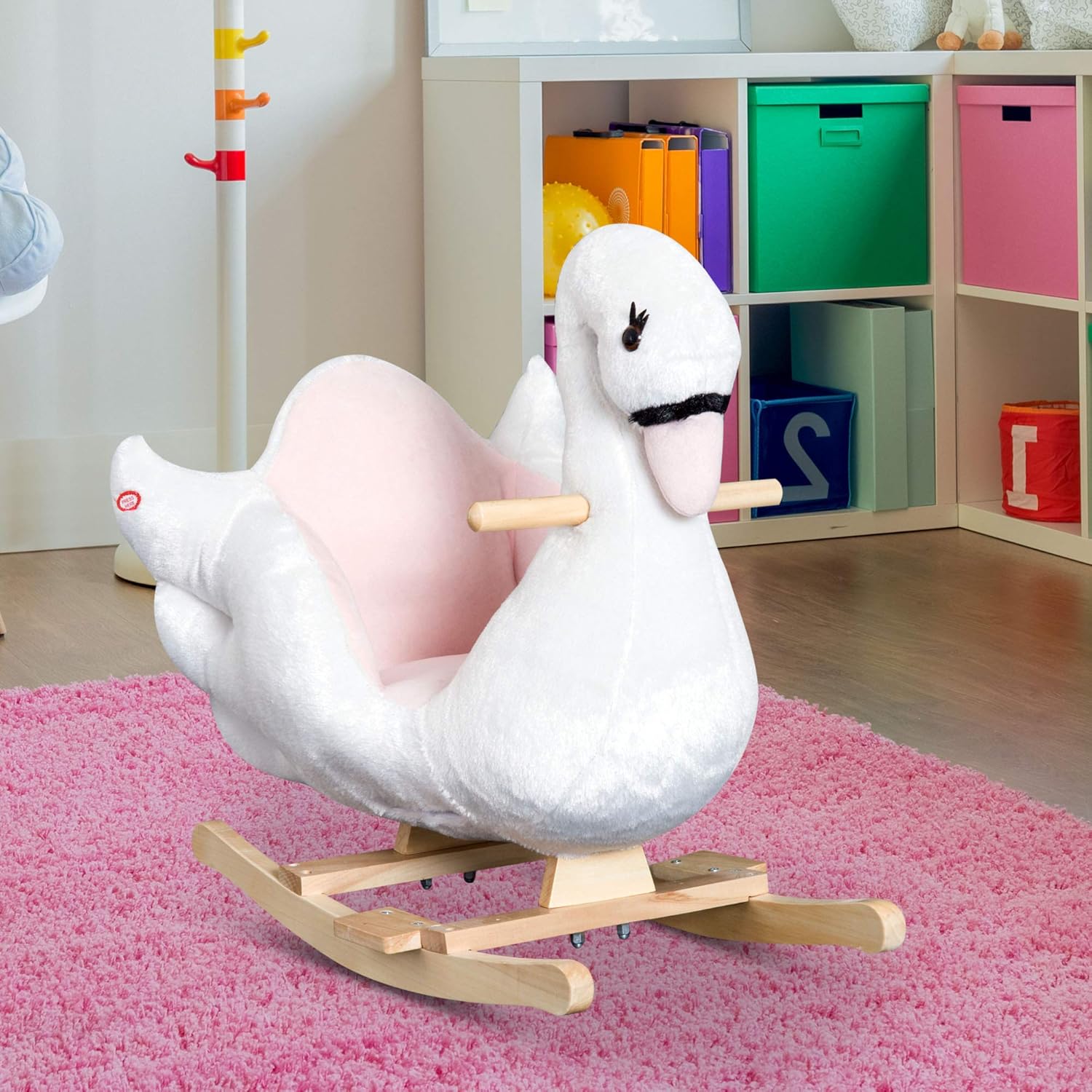 Qaba Kids Ride On Rocking Horse Plush Swan Style Toy with Music for Over 18 Months Children, White and Pink Pack of 2