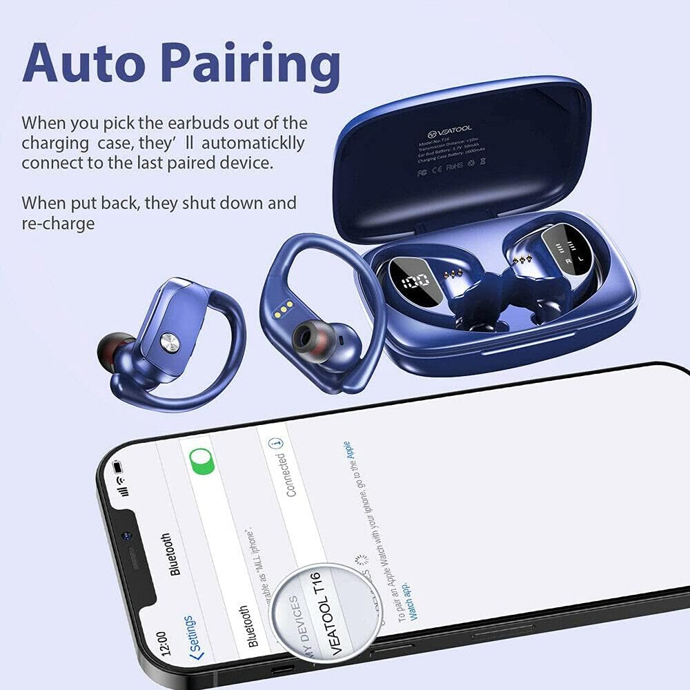 New PPANGMKY Wireless Earbuds Bluetooth 5.0 Headphones 48Hrs Play Back Sports Earphones with LED Display Built in Mic Deep Bass Stereo in Ear Waterproof Headset for Workout Running Gaming-Blue PT16