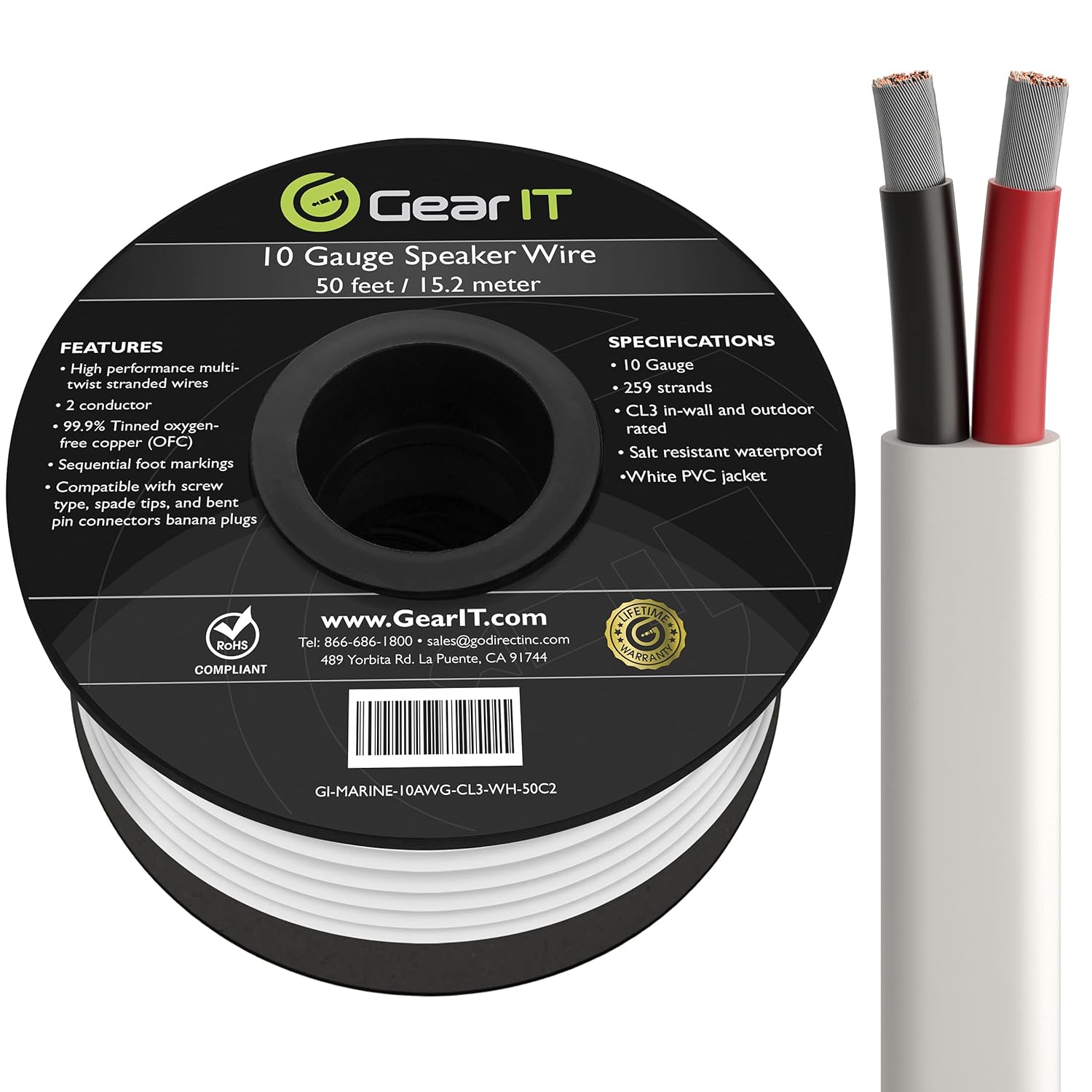 GearIT 10/2 Marine Wire (50 Feet) 10AWG Gauge - Tinned OFC Copper/Marine Grade Speaker Cable/Duplex / 2 Conductors - OFC Oxygen-Free Copper, White 50ft Pack of 2