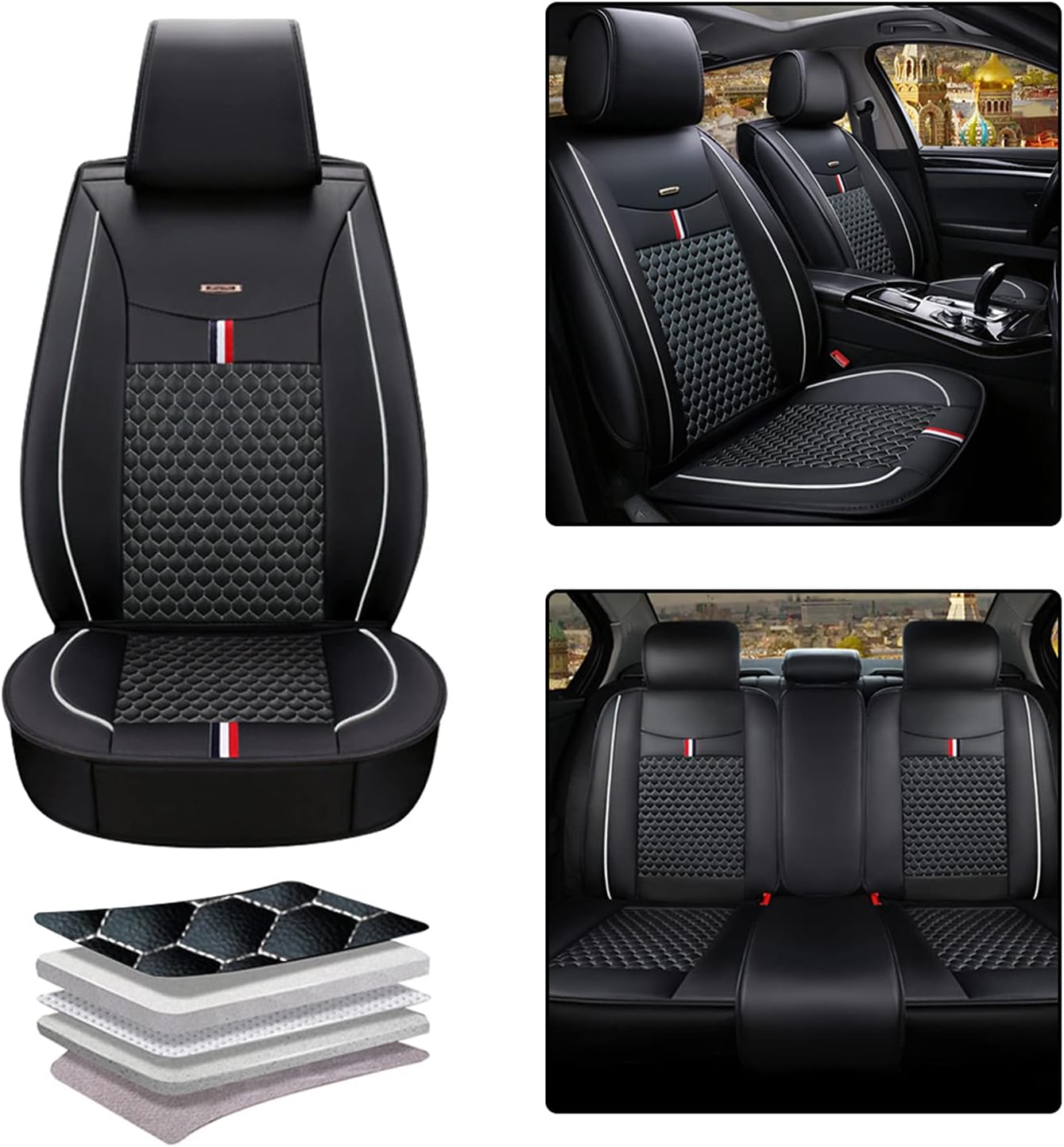 Blackwheel Car Luxury Seat Covers Front Rear Automotive Leather Seat Cushion Cover Airbag Compatible Universal Fit Auto 5pcs Black