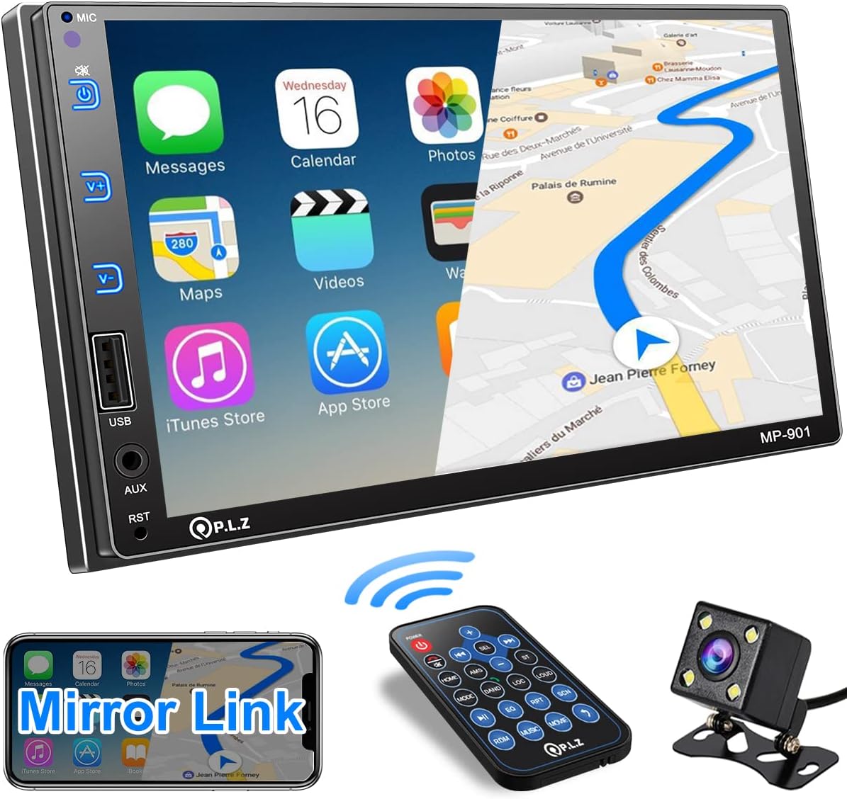 PLZ MP-901 Double Din Bluetooth Car Stereo-7 Inch HD Capacitive Touchscreen Car Audio Player with Mirror Link, Backup Camera, Steering Wheel Control, Subw, FM/AM Car Radio, MP3, USB/AUX