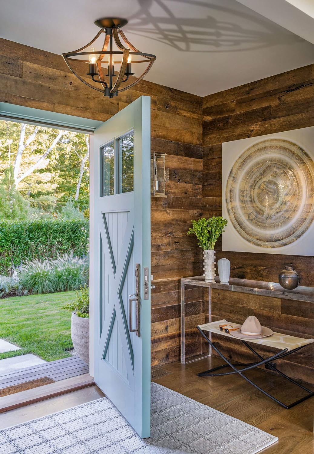 Industrial Ceiling Light Fixture Semi Flush Mount 3-Light Wood Grain and Black Finish Farmhouse Light Fixtures Ceiling