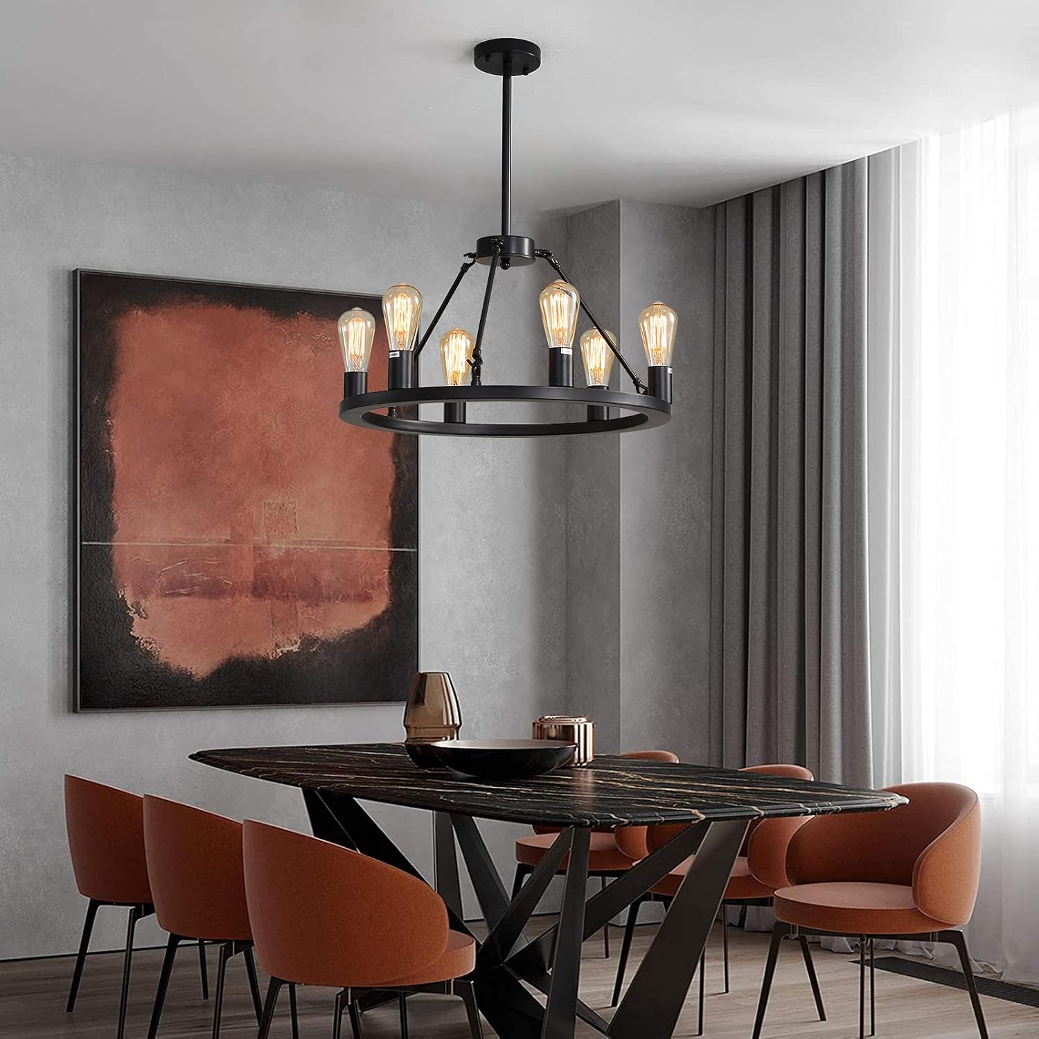 6-Light Farmhouse Wagon Wheel Chandelier, Rustic Vintage Round Kitchen Island Light, Black Modern Industrial Metal Pendant Lighting for Farmhouse Kitchen Island Living Room Dining Room Foyer (21.7'')