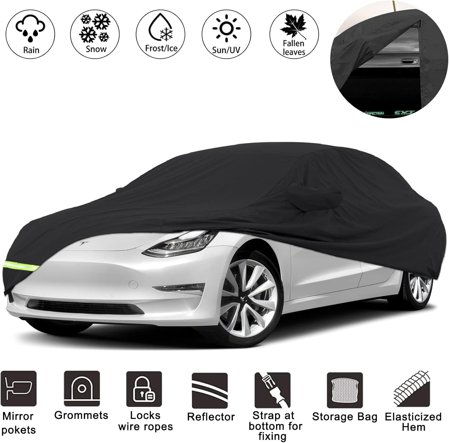 YIXIN Waterproof Car Covers for 2017-2022 Tesla Model 3 Car Covers 190T Covers Customer Fit 100% Waterproof Windproof Strap & Double Door Zipper Up to 189” L (Black-190T) Pack of 2