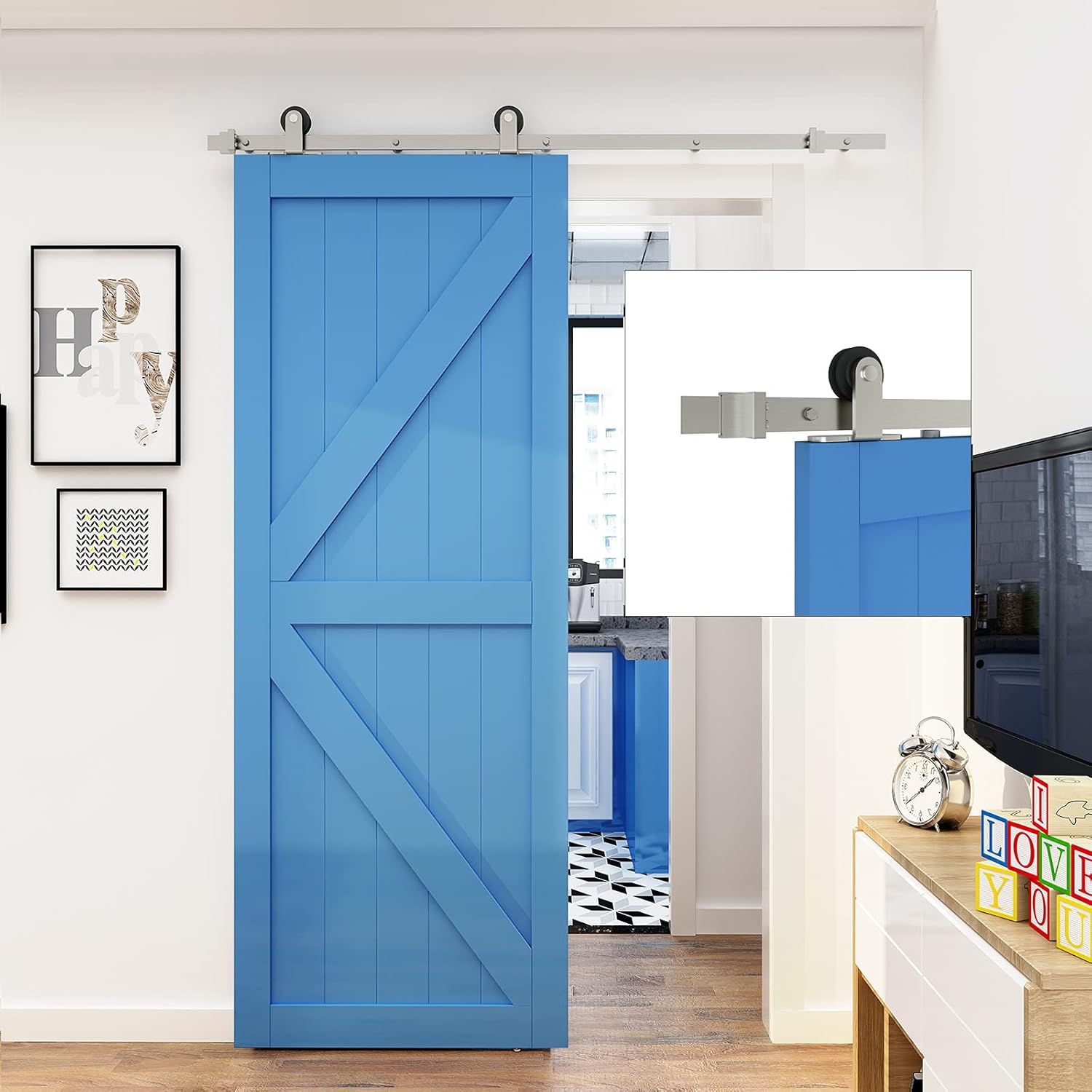 JUBEST Satin Nickel Sliding Barn Door Hardware Kit Single Door Flat Track Kit Top Mounted Roller 6FT