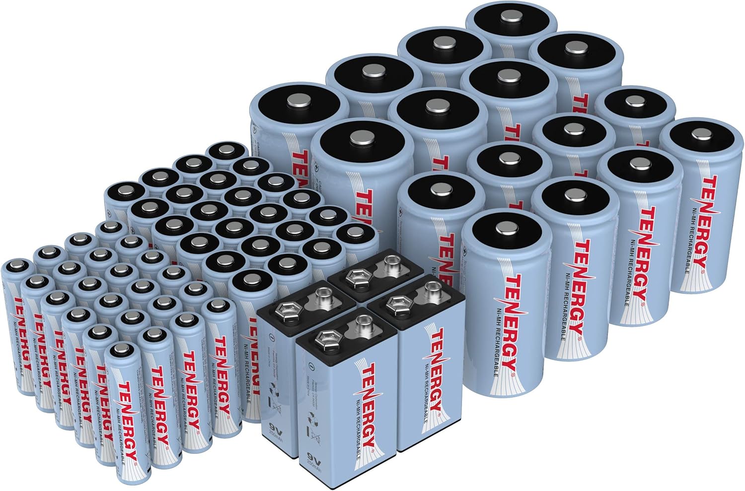 Tenergy&nbsp;AA AAA C D 9V Battery,&nbsp;NiMH Rechargeable Batteries&nbsp;Combo, 68 Pack, 24 Pack AA Cells, 24 Pack AAA Cells, 8 Pack C Cells, 8 Pack D Cells and 4 Pack 9V Batteries