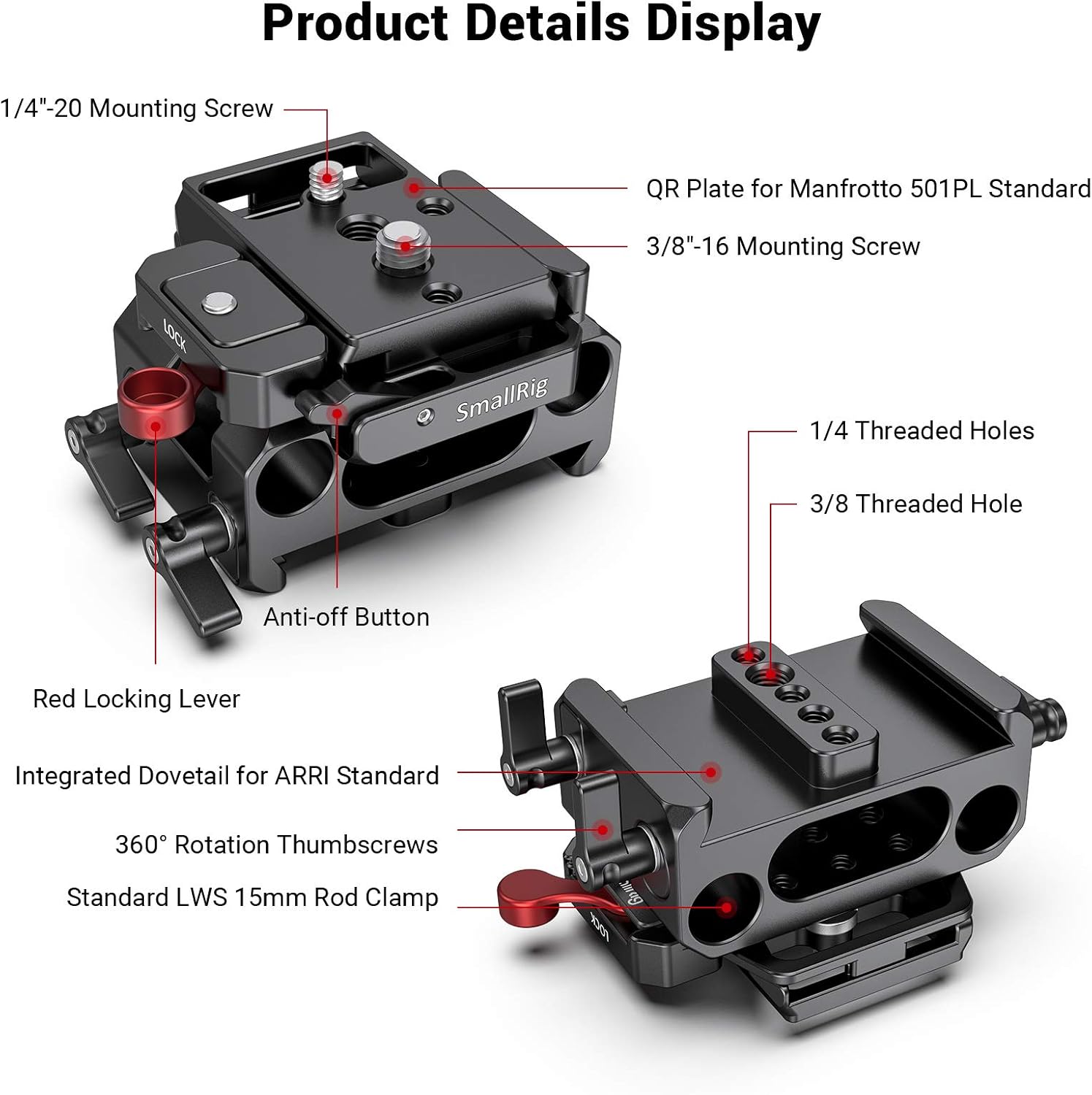 SMALLRIG BMPCC Baseplate for Manfrotto 501PL Compatible with Black Design Pocket Cinema Camera 4K & 6K – 2266