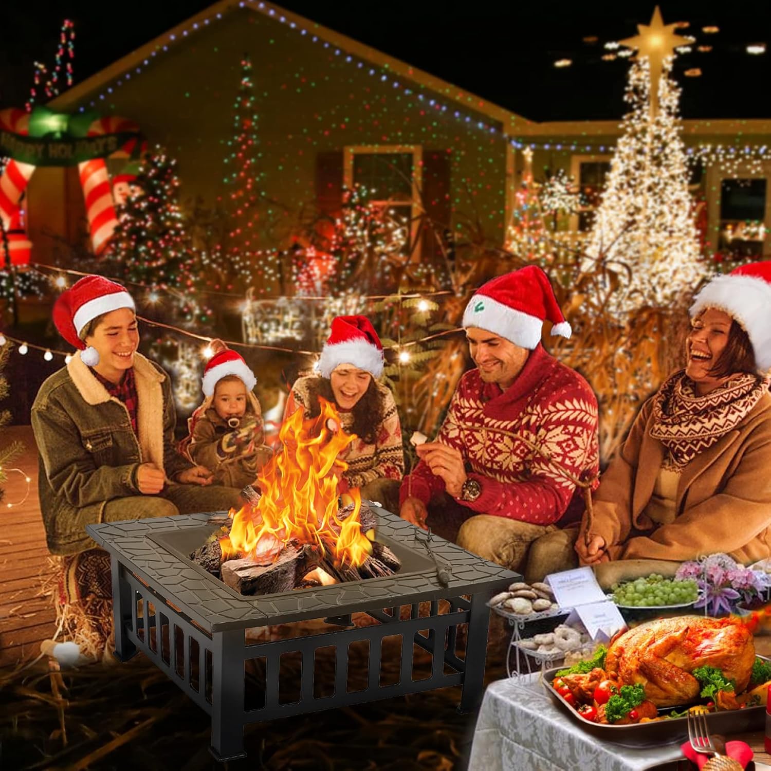 Redeo Outdoor Fire Pit Wood Burning Square FirePit for Outside Backyard Heating BBQ Drink Lawn Decoration (32 Inch)