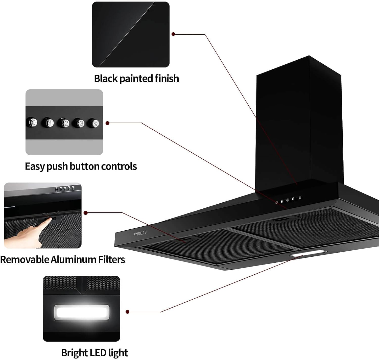 SNDOAS Black Range Hood 30 inches,Vent Hoods in Black Painted Stainless Steel,Wall Mount Range Hood,Kitchen Hood Vent with Ducted/Ductless Convertible,Hood Vents for Kitchen