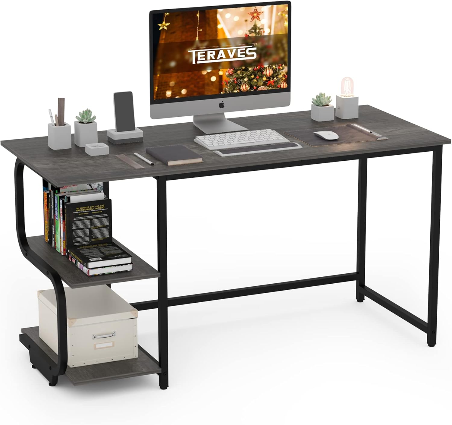Teraves Reversible Computer Desk for Small Spaces with Shelves,55 inch Gaming Desk Office Desk for Home Office
