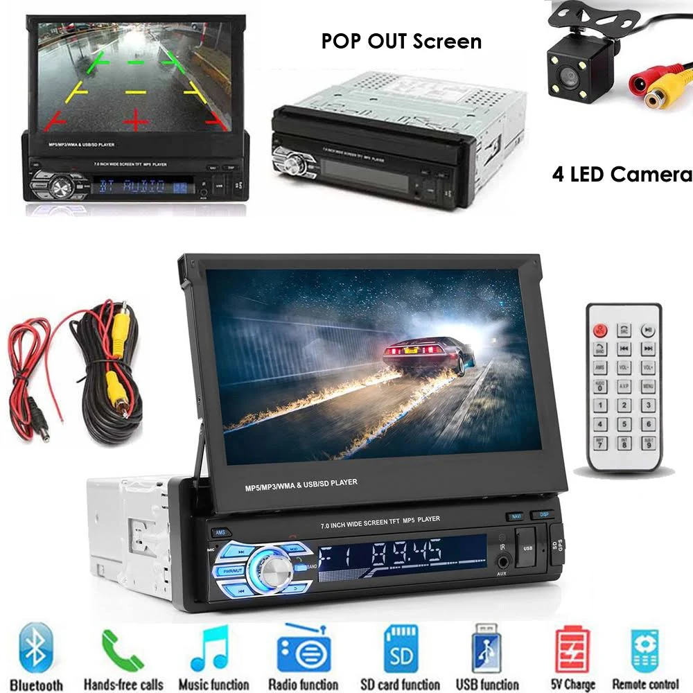 Podofo Car Stereo Audio Radio Bluetooth 1din 7x22 HD Retractable Touch Screen Monitor MP5 SD FM USB Player Rear View Camera