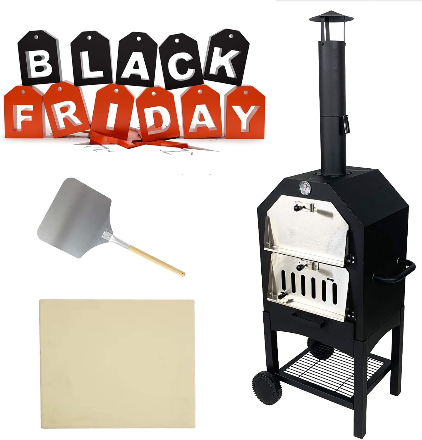 Summerville Pizza Oven Outdoor with Stone, Pizza Cooker Freestanding Portable Steel Pizza Oven for Grill Black