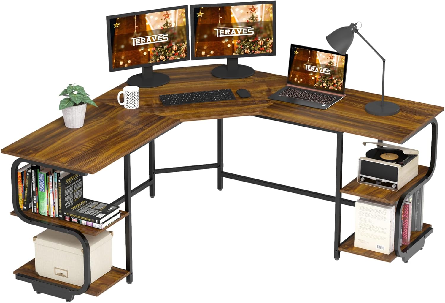 Teraves Modern L Shaped Desk with Shelves,Computer Desk/Gaming Desk for Home Office,Corner Desk with Large Desktop (Teak+Black Frame, Large+4 Tier Shelves)