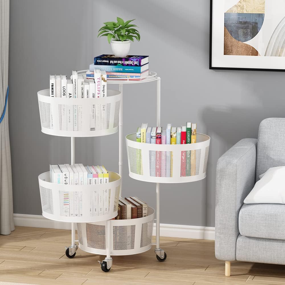 Upgrade Sun yoba 4-Layer Kitchen Rotating Metal Storage Basket, Hanging Storage Basket for Fruit and Vegetable, Storage Rack Shelf for Living Room, Bathroom, Household Storage