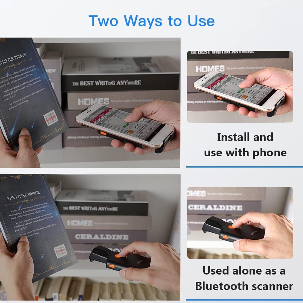 Upgraded Eyoyo 1D Linear Back Clip Bluetooth Barcode Scanner,1600mAh Rechargeable Battery, Fast and Precise scanning,Compatible with Android,iOS for Warehouse Inventory Book Store Library Pack of 2
