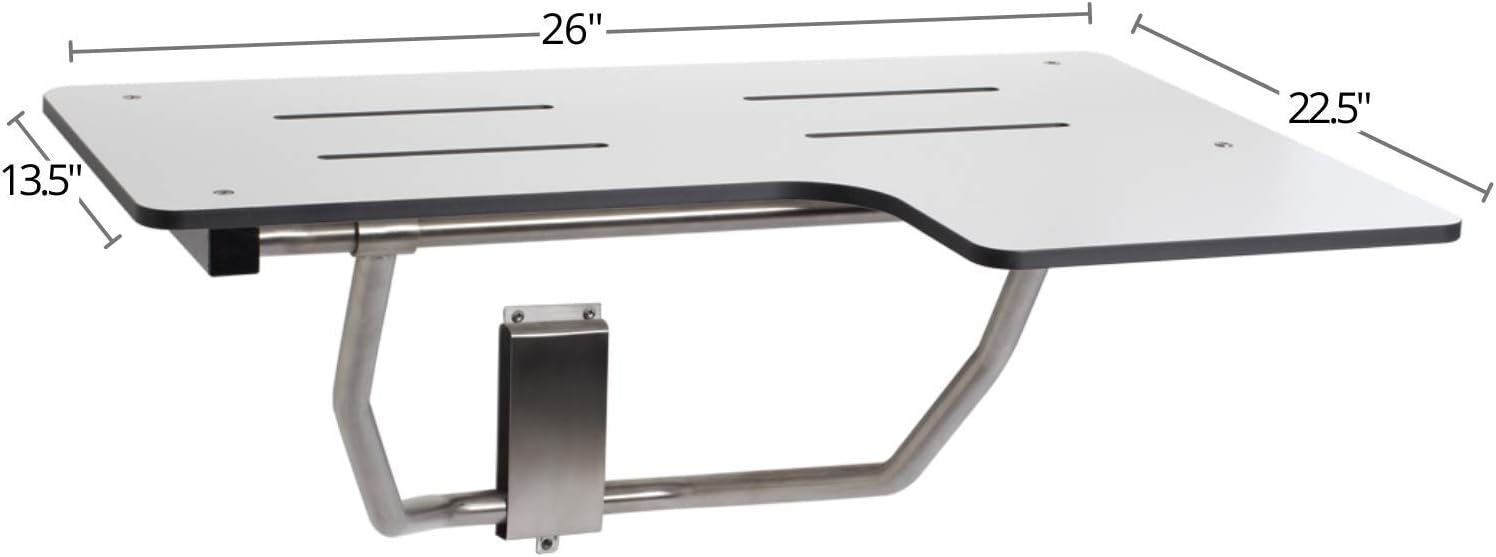 Seachrome Lift-Assist ADA L-Shaped Reversible Bathroom Shower/Bath Transfer, Folding Wall-Mounted White Phenolic Seat, 26 x 22.5, 26