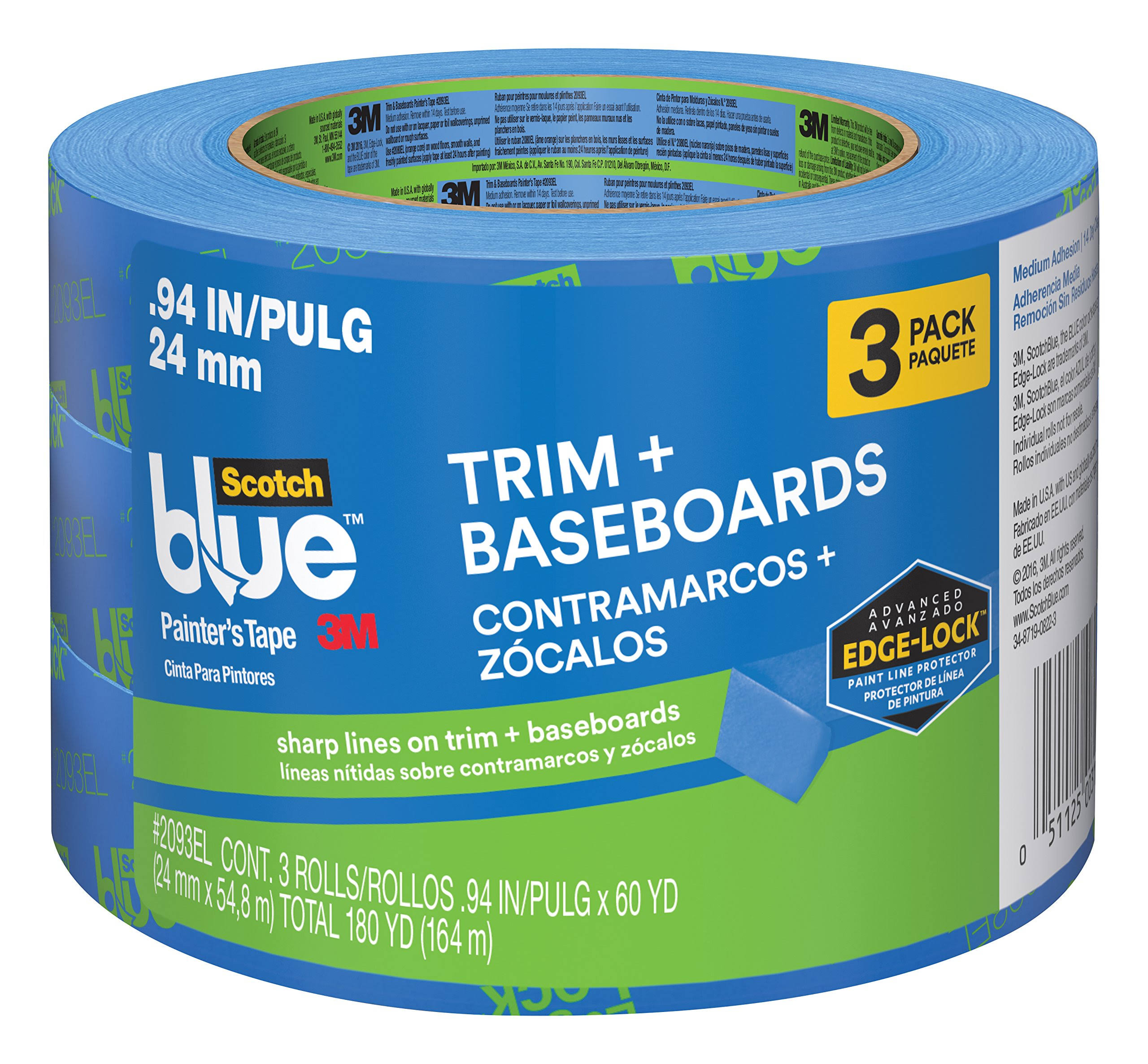 ScotchBlue Painter&s Tape Trim and Baseboards with Edge-Lock, 0.94 inch x 60 yds, 3 Rolls/Pack