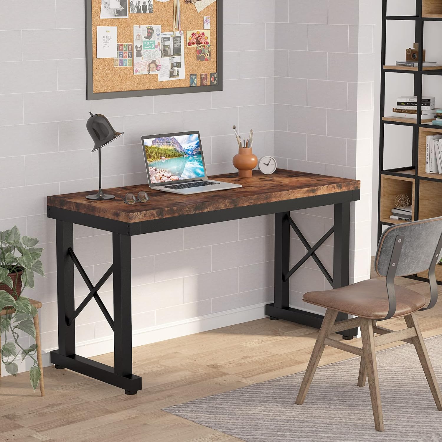 Computer Small Study Writing Desk 55 Inche，Simple Industrial Desk,Computer Workstation,Student Desk with Adjustable Feet Pads,Home Office Desk for Small Space，Living Room,Bedroom(Brown)