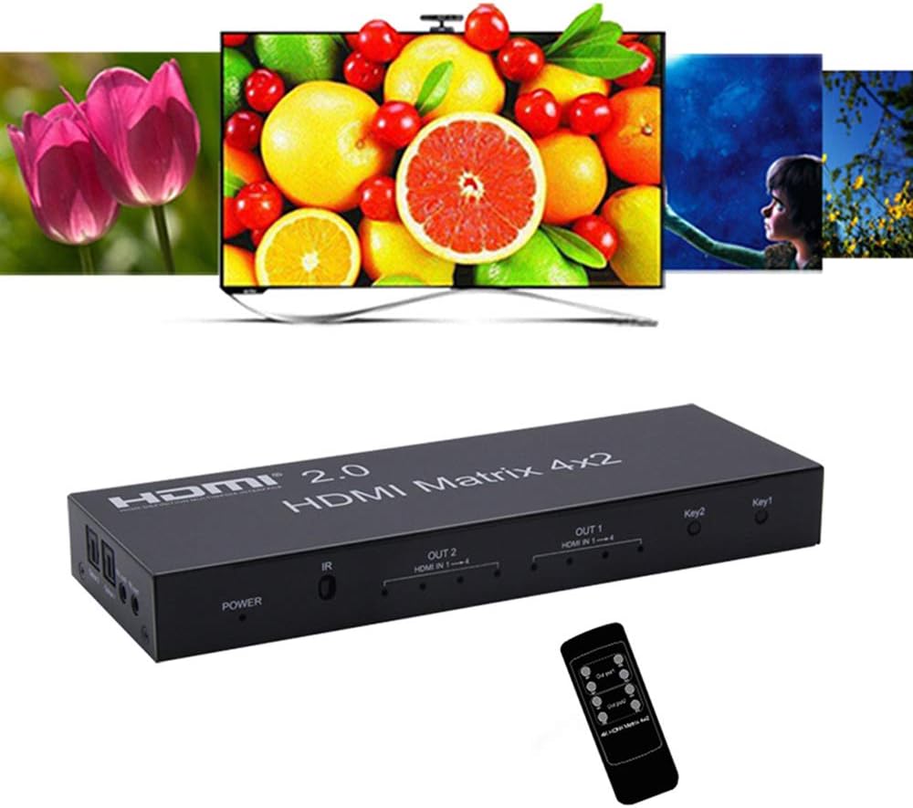 YSM 4K HDMI 2.0 Matrix 4X2 Switch,4 in 2 Out Matrix HDMI Video Switcher Splitter +Optical & L/R 3.5mm Output,Support 4K 60HZ HDCP 2.2 Audio EDID Extractor with IR Remote Control