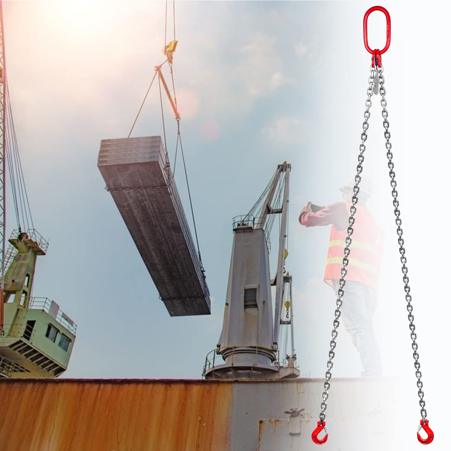 YATOINTO Chain Sling 5/16Inch x 5FT Sling Chain Lifts 6600LBS WLL with Double Leg w/Self-Locking Hook G80 Alloy Steel Double Leg Chain Sling with Standard Marking (6600LBS 5FT Galvanized) Pack of 2