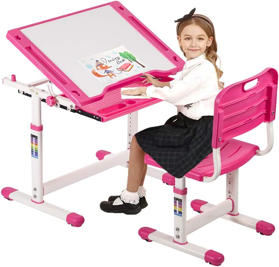 Kids Desk and Chair Set Height Adjustable Ergonomic Children Sturdy Table with Drawer Storage Childs Study School Desk Interactive Workstation Kids Art Writing Desk Furniture for Girls Boys