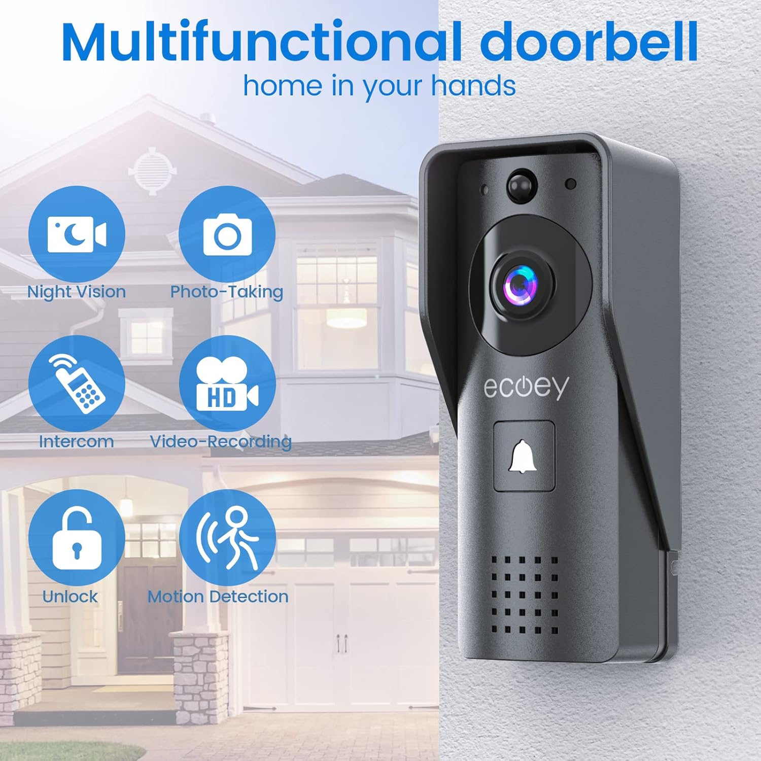 Ecoey Video Doorbell Camera, Smart Wi-Fi Doorbell Camera with Two-Way Audio, Video Doorbell with 1080P HD, PIR Motion Detection, Removable TF Card, Wireless Doorbell with Solar Energy, GW1002, 1PACK Pack of 2