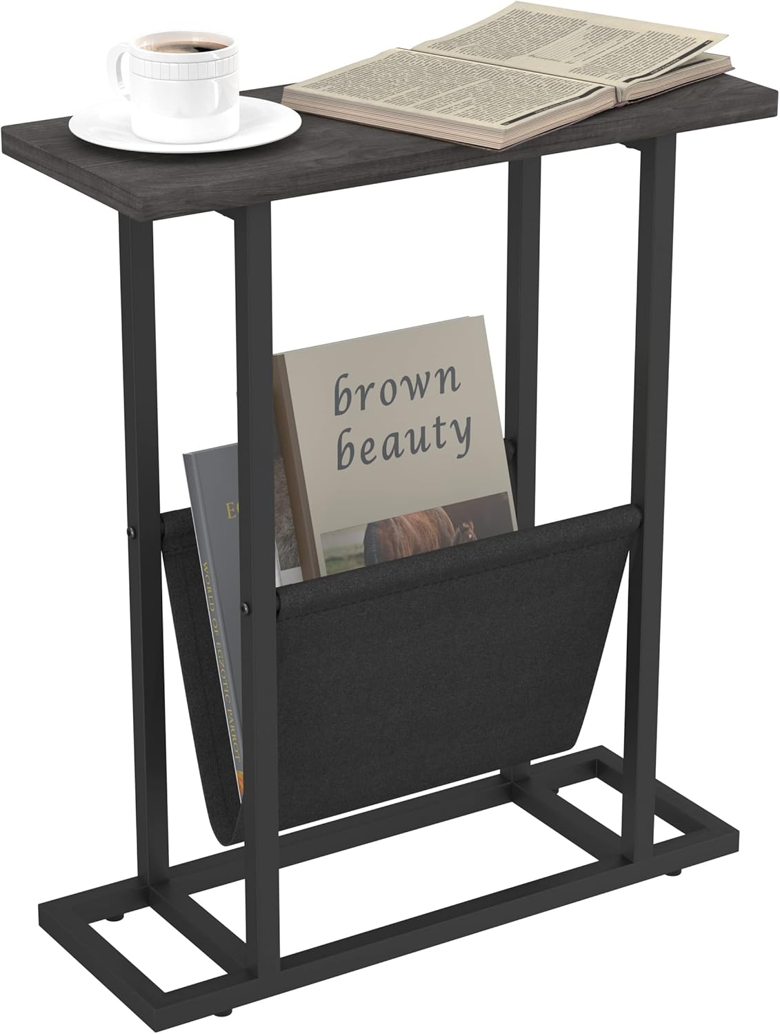 Yusong Retro Narrow Side Table,21-Inch Wood & Metal End Table with Magazine Holder,H Shape Industrial End Table with Storage Holder,Rustic Brown Pack of 2