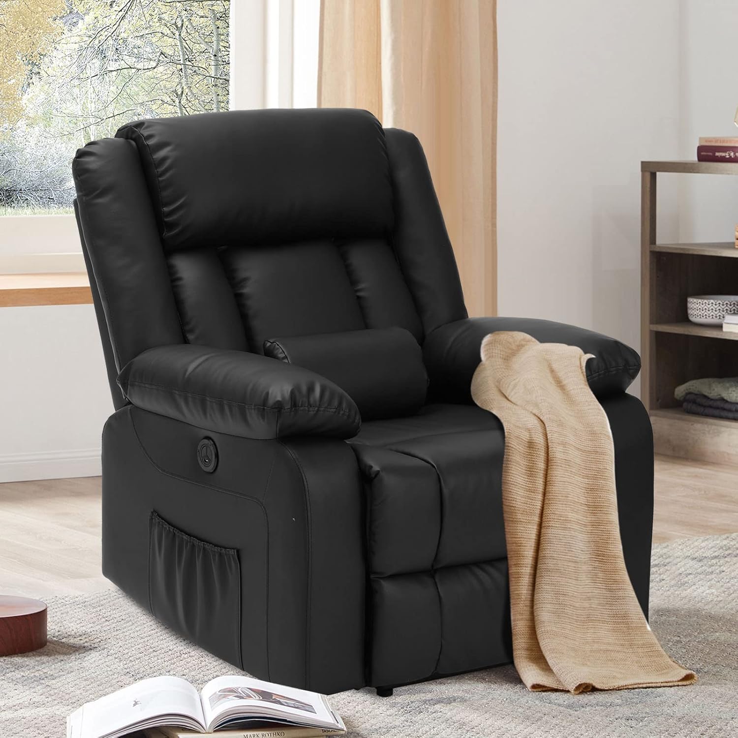 Houjud Power Recliner Chair w/Heat and Vibration Electric Recliner for Elderly/Lazyboy w/Wingback Design and USB Charge Port, Cup Holders, Side Pockets, Lumbar Pillow for Living Room (Bluegray)
