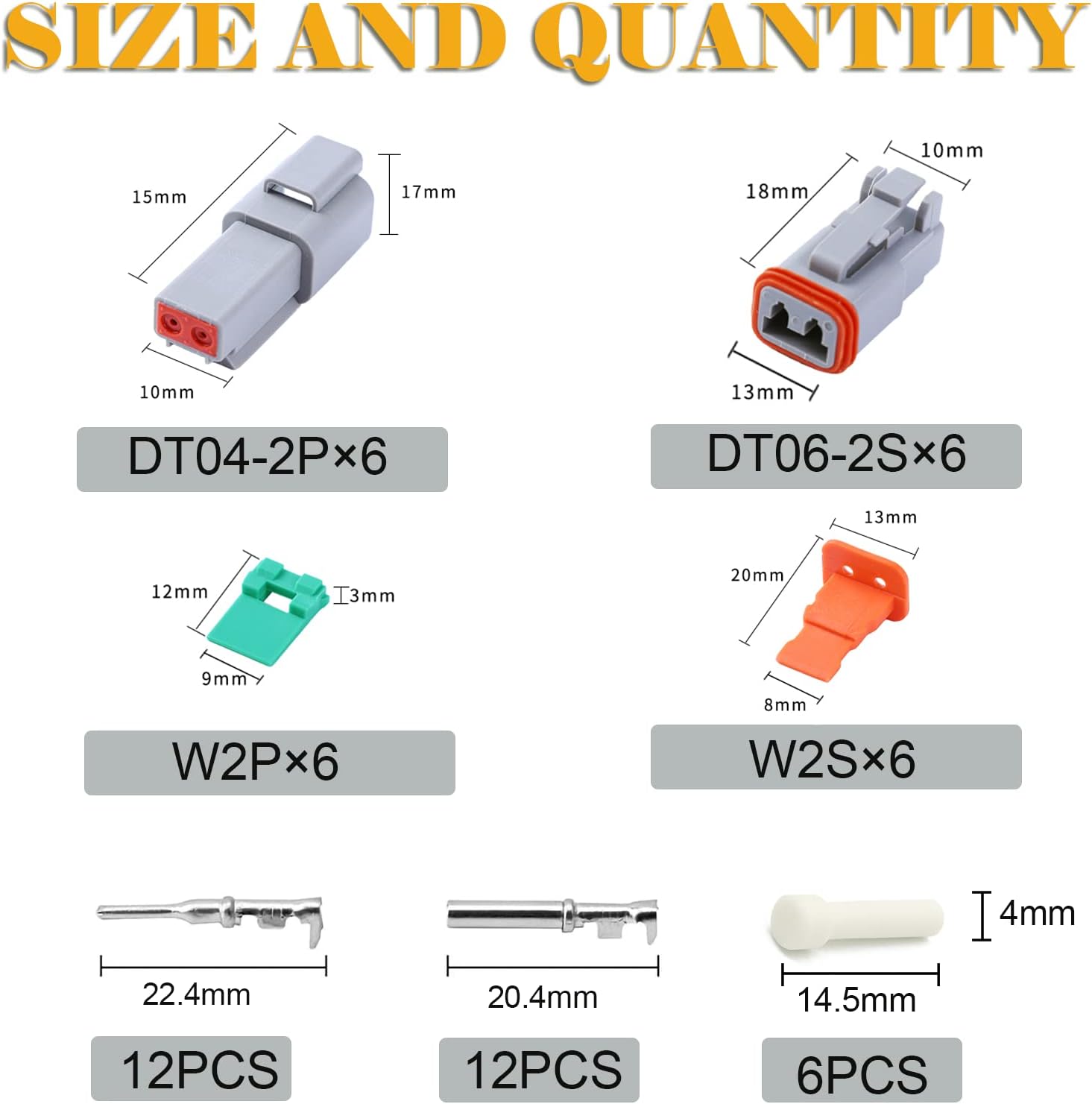 Deutsch DT Grey 2 Pin Connectors 6 Sets, Waterproof Electrical Wire Connector with Solid Contacts and Seal Plug for Truck, Off-Road Vehicles, Construction, Agriculture, Marine, Motorcycle Wiring