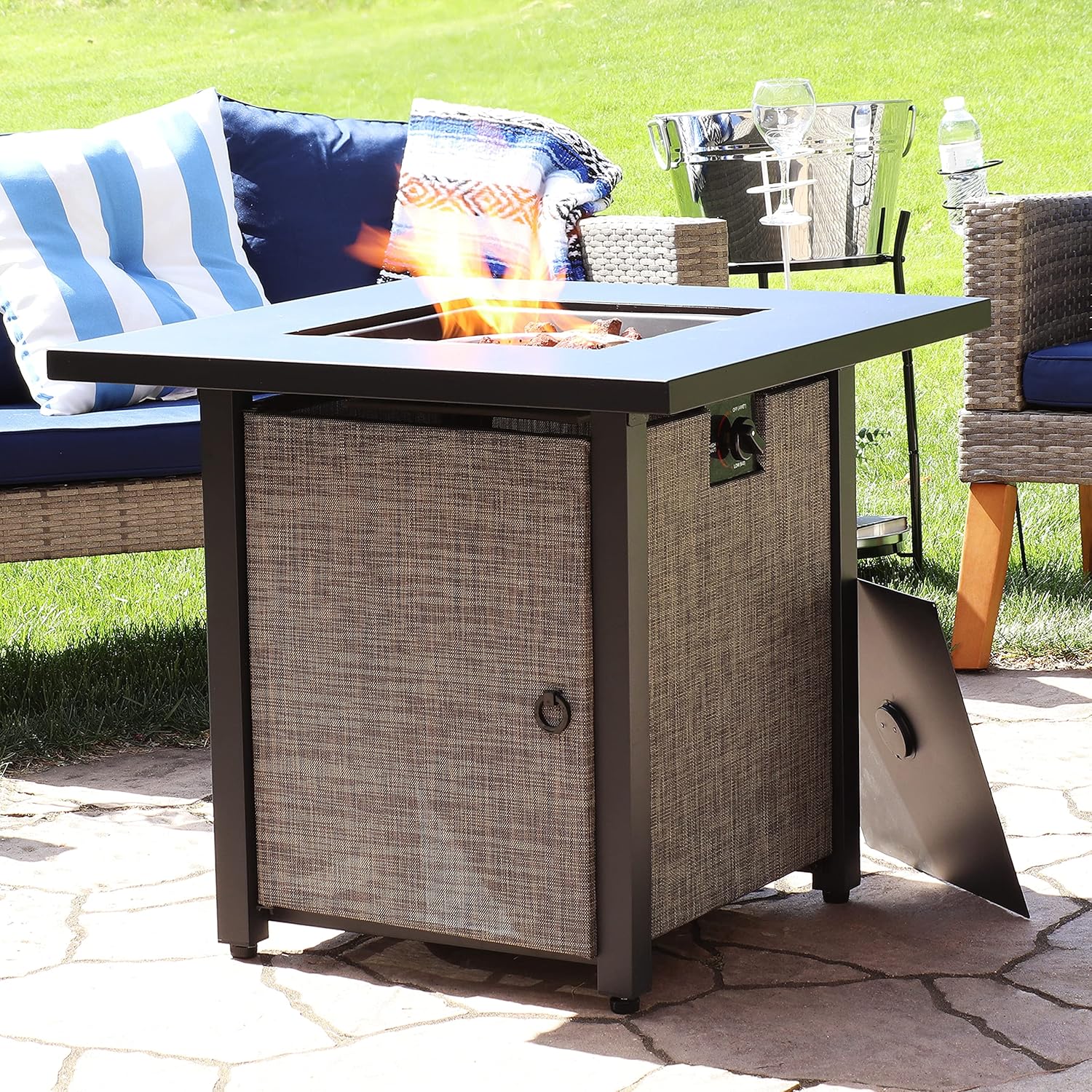 Sunnydaze Kleifar Metal Propane Fire Pit with Rafa Fabric Sides - Modern Smokeless Square Outdoor Fire Pit Table - Ideal for The Patio, Deck or Backyard - 25.25 Inches Tall