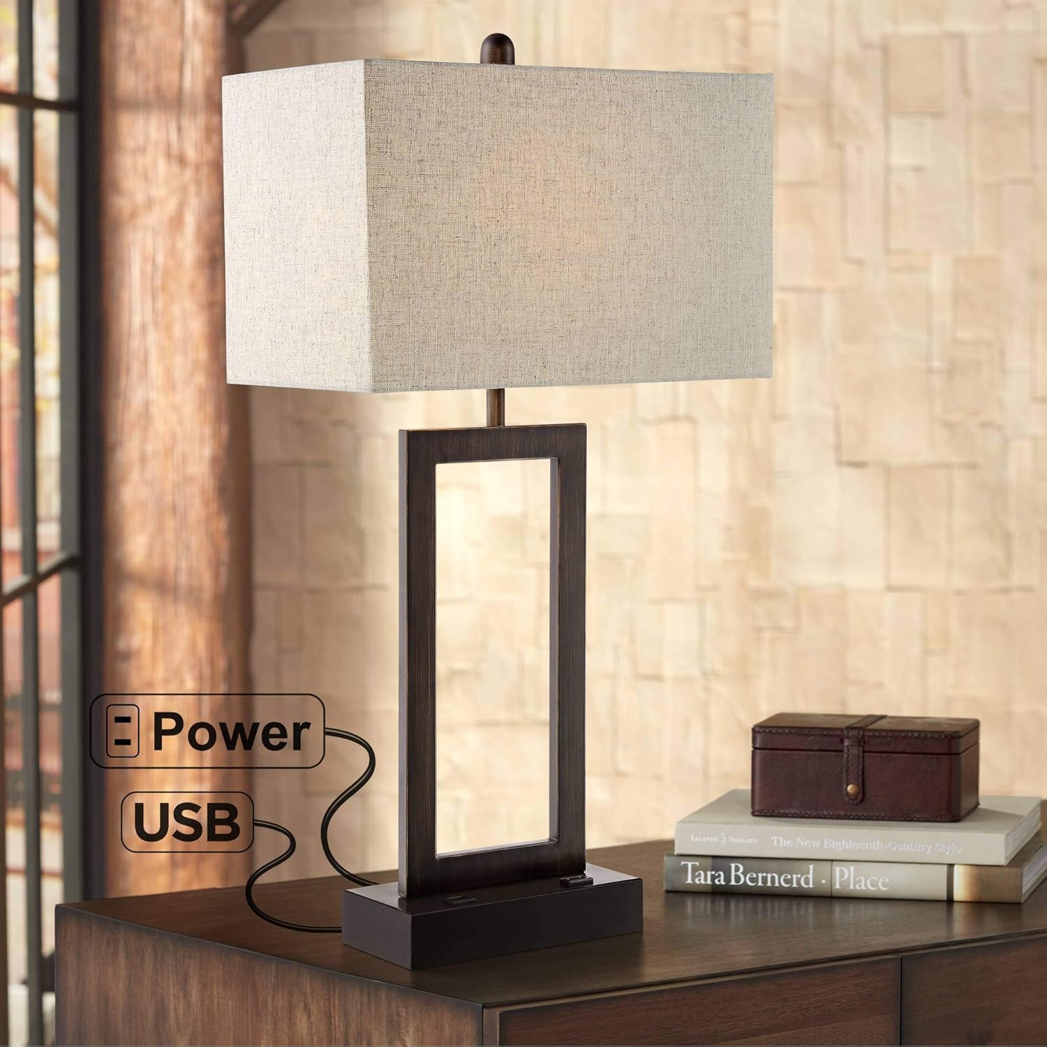 Todd Modern Minimalist Table Lamp with USB and AC Power Outlet in Base Bronze Rectangular Oatmeal Fabric Shade for Living Room Bedroom House Bedside Nightstand Home Office - 360 Lighting