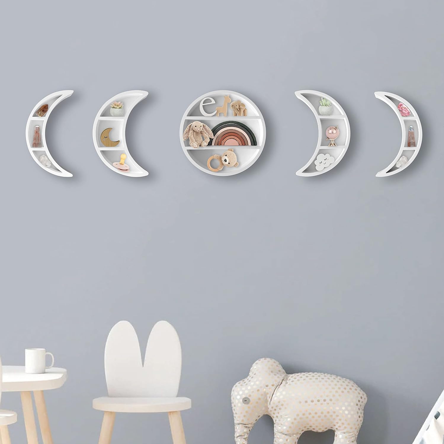 5 Pieces Moon Phase Shelf Set - Phases of The Moon Wall Decor - Crescent White Moon Shelf for Crystals - Moon Phase Wall Decor Crystal Shelf Display - Boho Nursery Decor Shelf for Kids Baby Bedroom Pack of 2