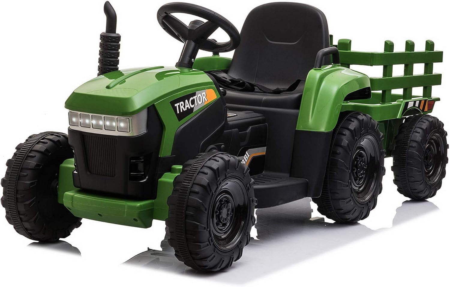 TOBBI 12v Battery-Powered Toy Tractor with Trailer and 35W Dual Motors,3-Gear-Shift Ground Loader Ride On with LED Lights and USB&Bluetooth Audio Functions in Green