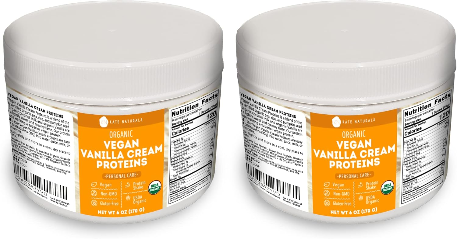 Organic Vegan Vanilla Cream Protein Powder 6 oz (2-Pack) by Kate Naturals. Vegan & Gluten-Free. Delicious Sweet Vanilla-Flavored Non-GMO Protein Shake in Resealable Container. Pack of 2