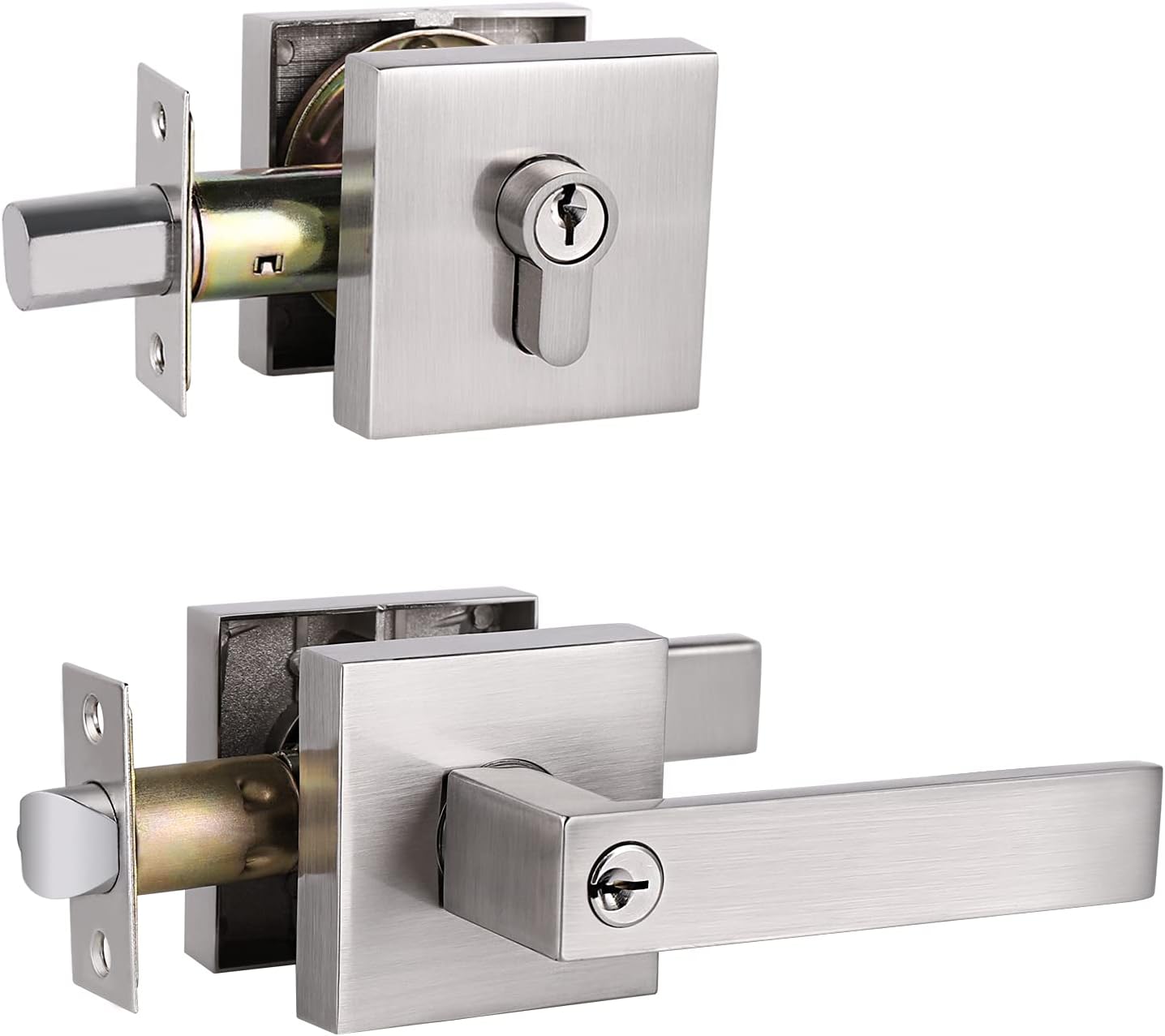 3 Pack Heavy Duty Entry Lever Door Handle and Single Cylinder Deadbolt Lock Combination Set, Keyed Alike Entrance Lever Door Handle for Office and Front Door, Satin Nickel Finish