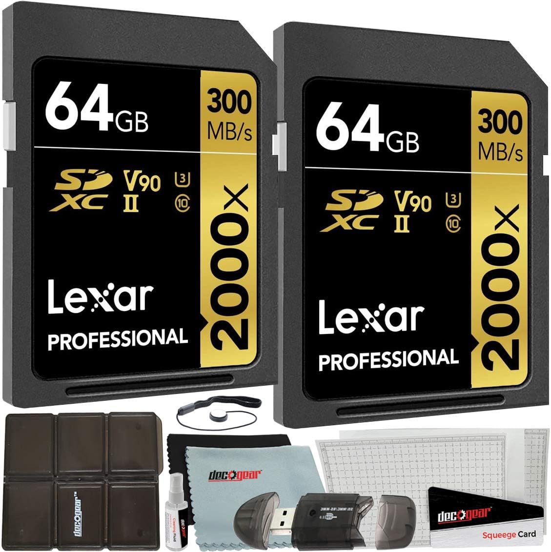 Lexar Pack of 2 Professional 2000x 64GB (128GB Total) SDXC UHS-II Memory Cards (LSD2000064G-BNNNU) Bundle w/Deco Gear Accessories Kit Includes Reader & Case + Screen Covers + Microfiber Cloth & More