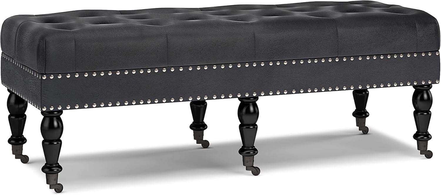 SIMPLIHOME Henley 49 inch Wide Traditional Rectangle Tufted Ottoman Bench in Distressed Black Faux Leather, for Living Room, Bedroom
