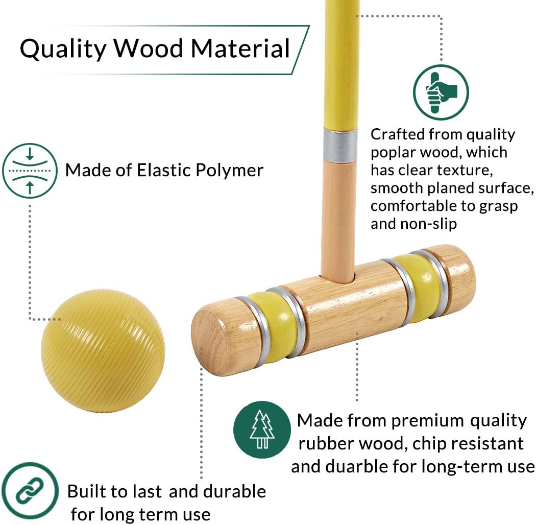 ApudArmis Six Player Croquet Set with Premiun Rubber Wooden Mallets 28In,Colored Ball,Wickets,Stakes - Lawn Backyard Game Set for Adults/Teenagers/Family (Large Carry Bag Including)