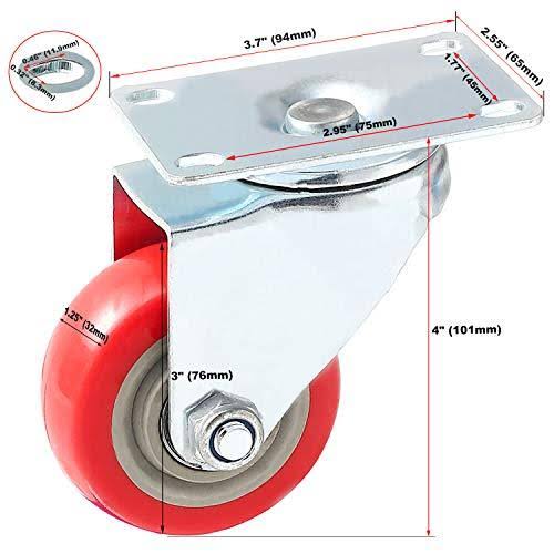 8 Pack 3 inch Combo Caster Swivel Plate 4 w/Brake u0026 4 Plate Heavy Duty on Red PU Wheels with Heavy Duty Screws