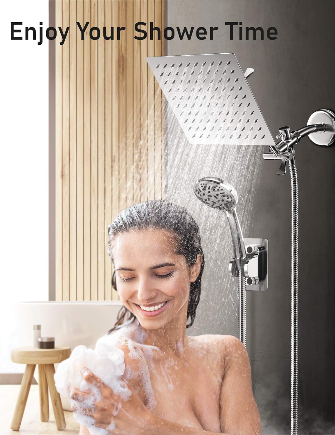 High Pressure Shower Head, Handheld & Rainfall Shower Head Combo with 11” Extension Arm, 1.5M Hose, Height/Angle Adjustable, 9-setting Handheld Shower with Holder, Filter, Anti-leak, Chrome Pack of 2